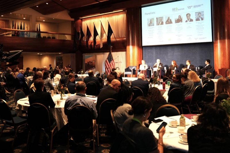 Panelists at the launch of the 2024 Global Agricultural Productivity (GAP) Report discuss successful examples of bundling to cross the divide between R&D and widespread adoption of proven and emerging productivity-enhancing tools. Photo courtesy of the Global Agricultural Productivity Initiative for Virginia Tech. 